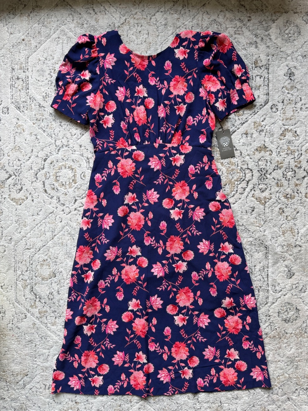 Vince Camuto Women’s Navy Blue Floral Dress with Pink Bloom Print
